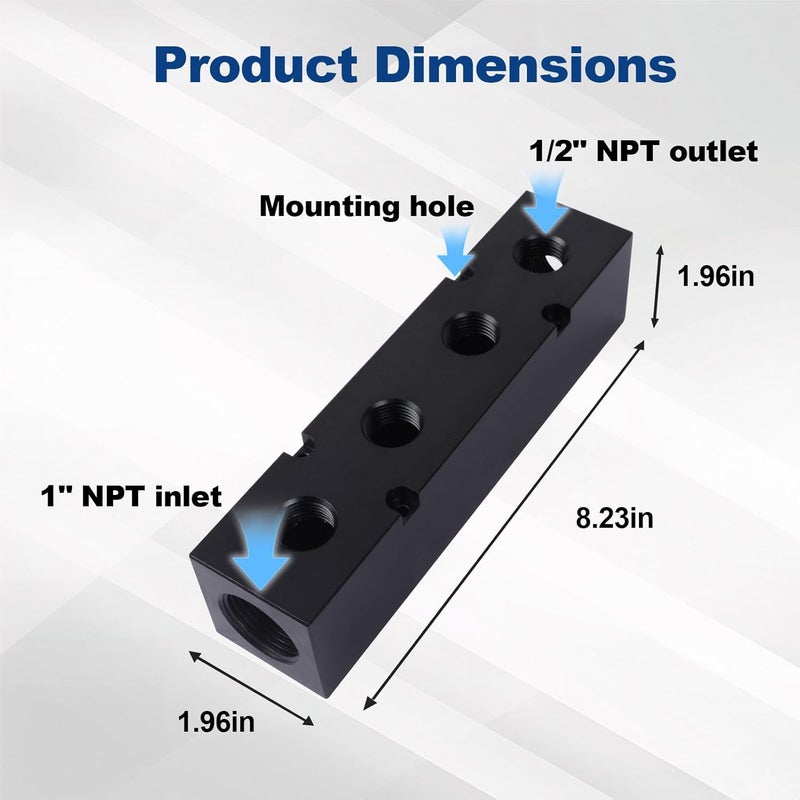 MARSTEK High Flow Air Manifold, Air Compressor Manifold, Air Hose Inline Manifold Block Splitter, Pneumatic Manifold Air Distribution Block, NPT 1 Inch Supply Port, NPT 1/2 Inch Output Port (4 Way 6 Port) - Image 4